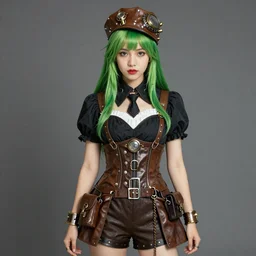 a girl with green hair wearing steampunk clothes