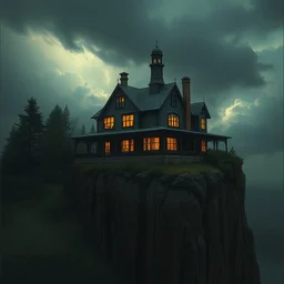 in the style of jeremy lipking, dean cornwell : : stunning, spooky haunted house on a cliff : : lighting, clouds, storm : : night time, cinematic lighting : :