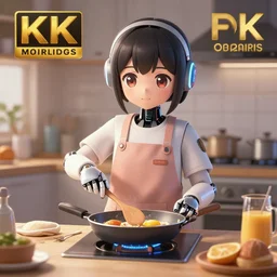 a cute android girl cooking breakfast, character art portrait, anime key visual, official media, illustrated by wlop, extremely detailed, 8 k, trending on artstation, cinematic lighting, beautiful