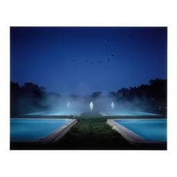 swarm of birds, night sky with stars, ghosts, vintage swimming pools, lush fog, deep blue mood, contemporary archival color photograph print from the original negative, by stanley kubrick