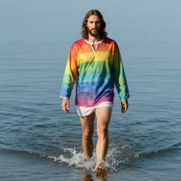 Jesus with rainbow shirt walks on water