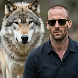 jason statham with an important face stands next to a huge wolf in sunglasses, realism, detailed study, maximum detail, quality, high quality, soft light, depth of field, focus, realism, 8 k quality, classicism style,
