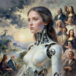landscape of a beautiful ana de armas, biomechanical, porcelain cracking, soft lighting, illustration, hajime sorayama, thomas kinkade, tomasz alen kopera, peter mohrbacher, donato giancola, leyendecker, boris vallejo, john howe, da vinci, beautiful ethereal landscape in the background