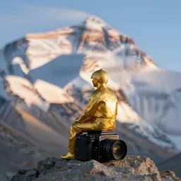 a golden helemt is sitting on the peak of mount everest, clear focus, bokeh effect, high res, hasselblad, dslr