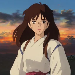 portrait of woman, long brown hair, cloth, princess mononoke, 4 k, greg rutkowski, high detail, dramatic lighting, sunset, hayao miyazaki, masashi ando, nizou yamamoto, kazuo oga, joe hisaishi, yoji takeshige, naoya tanaka