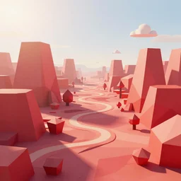 3 d render, digital art, low poly art, minimalist, journey thatgamecompany, lowpoly landscape, intricate detail, whimsical, unreal engine, dreamy, brush strokes, bounce light, sunny, complementary palette, redsinski