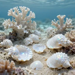 landscape, corals, nacre, shells, sea, white, iridescent. fantasy, digital painting, hd, highly detailed.