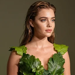 picture perfect anya taylor - joy wearing a risque outfit made from leaves, half body portrait, greg kutkowski, sharp details, soft lighting, subsurface scattering, pearls of sweat, glistening skin, warm lighting