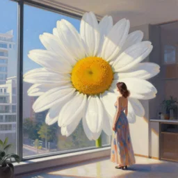huge daisy flower head, woman in dress, standing next to modern window in luxury apartment, surreal photography, sunlight, impressionist painting, digital painting, artstation, simon stalenhag