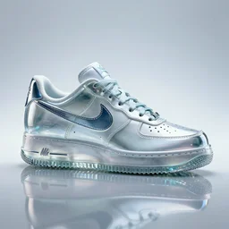 a photograph of a Nike sneaker made of glass, futuristic cyberpunk sleek style.