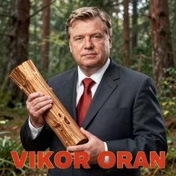 soviet propaganda poster of viktor orban, holding a wood piece, forest in background