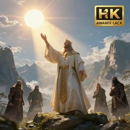 a powerful cleric casts a spell that shines down the sun on the mountains. beautiful fantasy art, landscape, epic lighting, any racial backgrounds, artstation, award winning, trending, 8 k