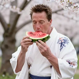 photo, arnold schwarzenegger eats watermelon, japanese kimono, under sakura tree