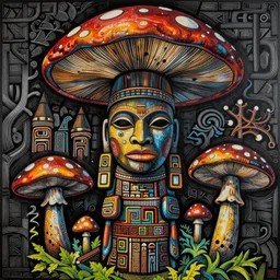 african ancient elvish tribal mushroom god wooden totem, intricate artwork by Kehinde Wiley, Kara Walker James jean, Noah Bradley, very coherent stylized artwork, cinematic, hyper realism, high detail, Vibrant chromatic colors, High contrast, higly detailed black ink outline, no crop