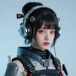 photorealistic portrait of cute cyber punk geisha girl from Japan. she is wearing heavy complicated future headsets. award winning, taken by canon 5d mk4, art lens, perfect lighting, sci-fi, at 2200
