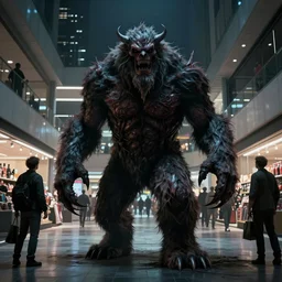 in the style of artgerm, rembrandt, rafael albuquerque, boris vallejo, large hairy werewolf in a shopping mall at night, moody lighting, horror scary terror
