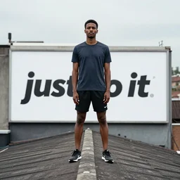 a photo of a man standing on the roof, in front of him an ad that says'just do it'