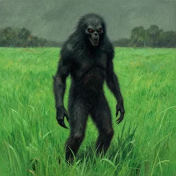 A scary animal like creature standing in a lush green field, drawing by Beksinski