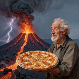 an extremely detailed old wrinkled man holding a large pizza in front of a volcano spewing lava and black smoke, from below, streams of glowing hot lava, flashes of lightning in the distance, wide shot, long shot, an ultrafine detailed painting by joe fenton, deviantart, pop surrealism, whimsical