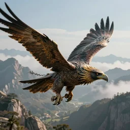 a flying ornate slay pulled by griffins, piloted by a wizard, Above the mountains, hyperrealistic, octane