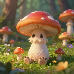 mushroom forest, cute friendly funny mushroom with beauty eyes sitting in grass flowers, in the style of craola, shallow depth of field, highly detailed, digital painting, trending artstation, concept art, illustration, cinematic lighting, vibrant colors, photorealism, epic, octane render