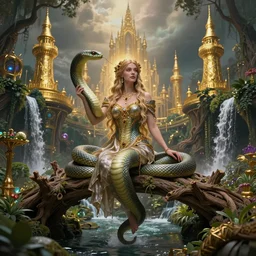 a beautiful sorcerers serpent goddess in a magical kingdom nature and gold towers, magic gardens and waterfalls a bridge made out of oaks, beauty abundance and a by rodney matthews