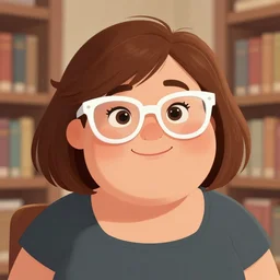 portrait of a curvy stocky romanian woman, brown hair, messy bob, straight hair, brown eyes, round nose, low eyes, romanian, laugh lines, round face, round jaw, white glasses, glasses, big forehead, white reading glasses, illustration, cute, disney, librarian, wide shot, digital art, art by loish, 8 k, trending on artstation