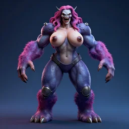 television monster woman, well endowed, 3 d, octane render, paint 3 d, scary, evil, gradient background, colorful, muscular hands, large steel legs, dark dull blue background