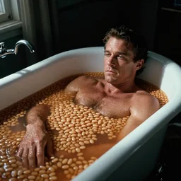 patrick swayze swimming in a bath tub of baked beans, realistic, moody grindhouse, dark