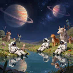 Astronauts and some mythical animals are resting to the side of a reflecting lake, this is a surface of a planet with wacky wildlife, some planets and nebulas are as background, by Jordan Grimmer digital art, trending on Artstation,