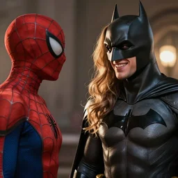 Photography, A Batman talking with a Spider woman , big smile