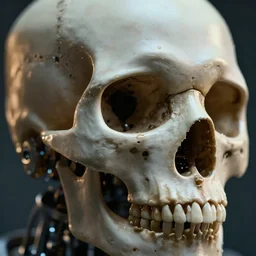 closeup shot of a cyborg head, skull, macro shot, dof, cinematic, volumetric lighting, studio shot, octane render, focus, 8 5 mm lens, 4 k