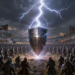 powerful thick lightningshield inbetween two medieval armies on an open battlefield, highly intricate details, trending on artstation, cgsociety, 8 k, cinematic, unreal engine, octane render, illustration digital painting, sharp focus, art by wlop and greg rutkowski, rule of thirds, golden ratio, ambient lighting
