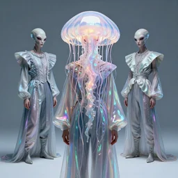 absurd fashion costume that looks like jelly fish with iridescent fabrics on alien - looking models, hyper - realistic, 4 k, octane render,