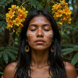 a beautiful portrait of a beautiful indigenous woman with eyes closed in the amazon jungle surrounded by calliandra angustifolia flowers, face paintings, matte painting, by christophe vacher