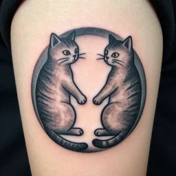 two cats holding each other's tail, circle design, tattoo design, inking on skin, designed by Android Jones