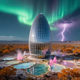 cybertecture egg office building on danakil depression of the place with acid pools in mount roraima during autumn season on an interstellar aurora borealis with heavy thunder and lightning, pink waterfalls, by peter mohrbacher, james jean, james gilleard, greg rutkowski, vincent di fate, rule of thirds, octane render, beautiful landscape