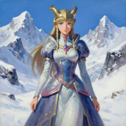 viking scifi princess of the snowy mountains, wearing a lovely dress with vaporwave details. this oil painting by the award - winning mangaka has an interesting color scheme and impeccable lighting.