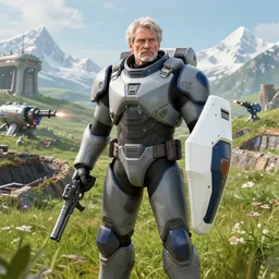 photograph of an stern old man wearing futuristic gray heavy exosuit armor with navy blue detailing holding a white plastoid shield in his left hand and a blaster in his right hand. in the background there is a scifi battle taking place with trenches and force - field generator trucks and laser machineguns on a rolling green plains with snowcapped mountains in the distance. science fiction.
