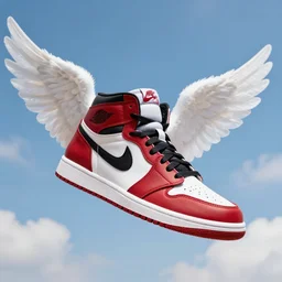 a red air jordan 1 shoes flying on the sky with angel wings!!!