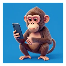 lithographic poster of a mischievous monkey holding a / mobile phone /, blue and yellow colors, advertising art, pop art, roy lichtenstein