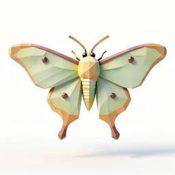 low-poly luna moth, clean 3d render, full body, isolated on a pure white background, centered, entire subject in frame, sharp focus, soft studio lighting