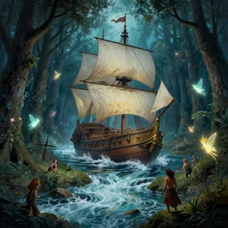 a giant magic sailing ship in the middle of a dark fantasy forest of arthurian legend, bright fairies glowing incandescently, a roaring river rushing through, in the heart of the forest, painted ruan jia raymond swanland lawrence alma tadema zdzislaw beksinski norman rockwell tom lovell alex malveda greg staples