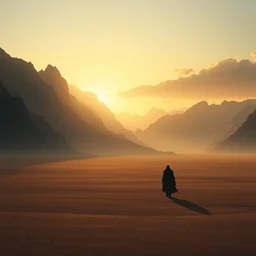 a beautiful hyper realistic detailled matte painting of a serene landscape with a dull plains with a black colossus god walking in the foreground and mountains in the background at early evening, by john howe and greg rutkowski and albert bierstadt and alena, unreal engine, trending on artstation, barometric projection, rectilinear, f 8
