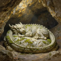 a mossy old stone dragon smade of marble, sleeping in a portuguese indian cave. very low angle photograph, highly detailed, trending on artstation, realistic, smooth, soft colors, rays of golden sunlight, oil painting by simon stalenhag and greg rutkowski and greg hildebrandt