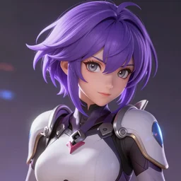 highly detailed, digital art, pixiv fanbox, trending on artstation, ray tracing, volumetric lighting, sharp focus, hq, overwatch style bandit female character, short messy purple hair and grey eyes, arcane, by artgerm, wlop, greg rutkowski, miyazaki hayao