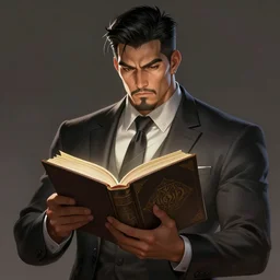 a highly detailed illustration of serious short black haired filipino man with goatee wearing suit, dramatic reading book pose, muscular, intricate, elegant, highly detailed, centered, digital painting, artstation, concept art, smooth, sharp focus, league of legends concept art, WLOP
