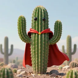 anthropomorphhic cactus wearing a cape, superhero, hyperrealistic, octane render, artstation
