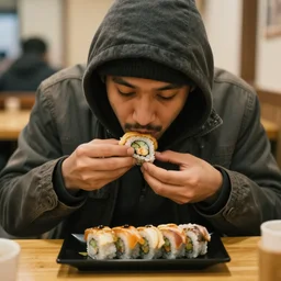 homeless person eating sushi, candid photo