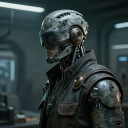 a masked rugged laboratory engineer man with cybernetic enhancements as seen from a distance, scifi character portrait by greg rutkowski, craig mullins, daytoner, 1 / 2 headshot, cinematic lighting, dystopian scifi gear, gloomy, profile picture, mechanical, cyborg, half robot, implants, dieselpunk